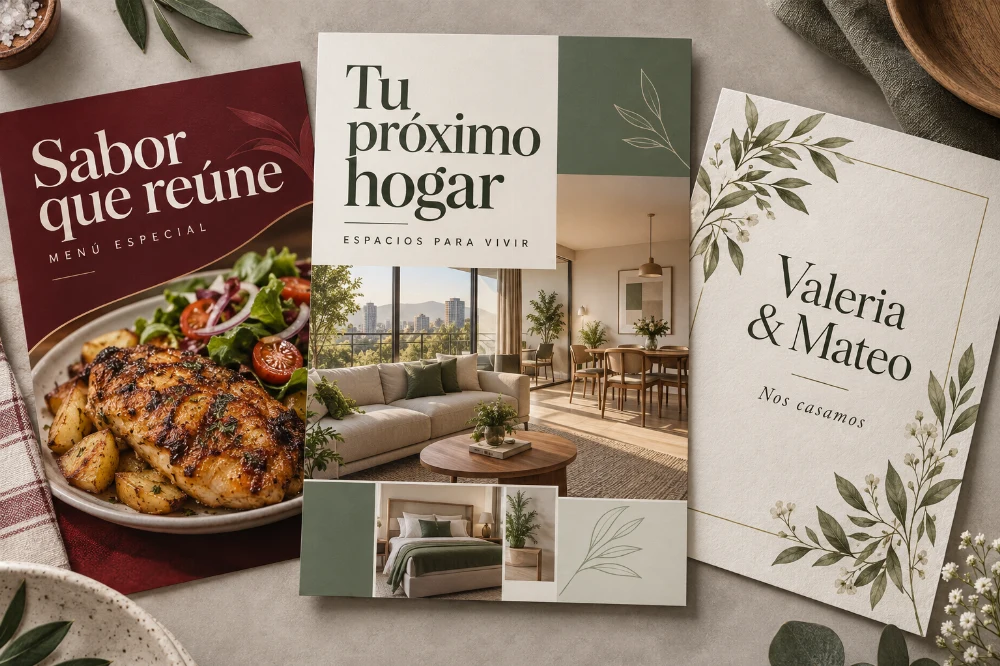 Muestras de flyer gastronómico, folleto inmobiliario e invitación de boda